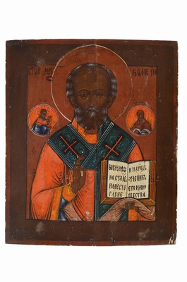 Ikone, Russland, Mitte 19. Jh., Heiliger Nikolaus, Eitempera/Holz, leicht rest., leichte Altersspuren, ca. 31.5 x 27 cm