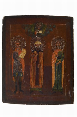 Ikone, Russland, um 1850, drei Heilige, darüber Gottvater, Eitempera/Holz, leicht rest., leichte Altersschäden, 36 x 30 cm