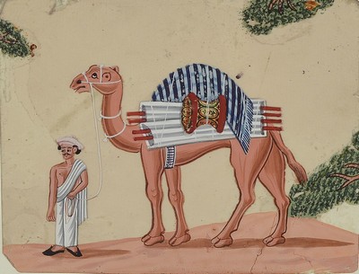 Drei indische Miniaturmalereien, 19. Jh, Ochsenkarren, Mann mit Pferd und Mann mit Kamel, Gouache wohl auf Glas, leichte Farbfehlstellen, l. besch., ...