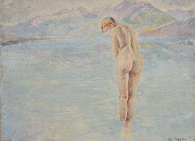 Unbekannter Künstler, um 1900, Badende in einem Bergsee, Rückenakt, Öl/Lwd, rest., rechts unten Reste einer Signatur, 47x65cm, R. ca. 64x81cm