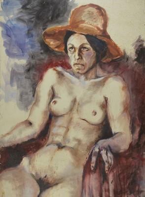 Unbekannter Künstler, Mitte des 20. Jh., sitzender weiblicher Akt mit Hut, Gouache auf Papier, links oben leicht eingerissen, unsigniert, ...