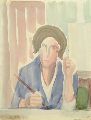 Carla Brill,1906-1994, 2 Arbeiten: a. Gouache auf Papier, blonde Person im Zimmersitzend, rückseitig bezeichnet, unsigniert, 23 x 17 cm, unter Glas, ...