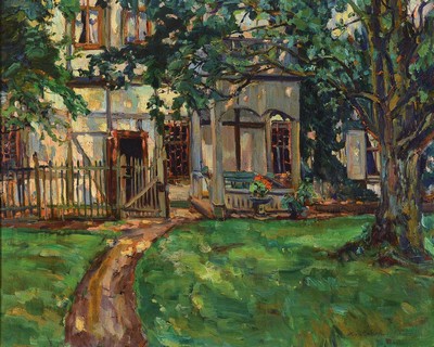 M. von Kodsch, unleserlich signiert, dat. 1918, Blick auf die sommerliche Terrasse eines Herrenhauses, Öl/Lwd, sehr gute Lichtführung, gute Varianz ...
