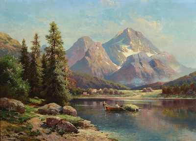 Fritz Chwala, Wien 1872 - 1836, Studium an der Wiener Akademie, sommerlicher Alpensee mit Boot, stimmungsvolle und erzählende Darstellung, Bauer ...