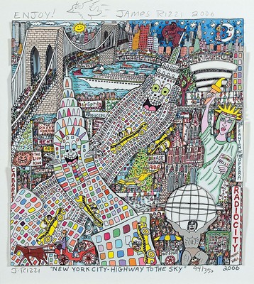 James Rizzi 1950 - 2011 New York, Set in Kassette, bestehend aus: 3-D-Litho "New York City-Highway To The Sky" 2006, num. 94/350, mit ...
