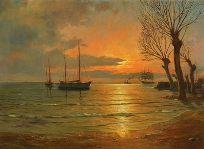 Albert Saverys, 1886 Deinze/ Belgien - 1964 Petegem-aan-de-Leie, Studium an der Genter Akademie bei George Minne, ankernde Segelboote vor der Küste, ...