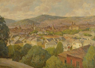 Erwin Laiblin, geb. 1878, Stuttgarter Maler, hier Ansicht von Stuttgart, Öl/Lwd, re. u. signiert, 82 x 87 cm, l. Altersspuren, Rahmen: 75 x 97 cm