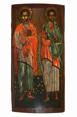 Große Ikone, wohl Rumänien, 19. Jh., Hl. Cosmas und Hl. Damian, Holz, Eitempera, ältere Restauration bzw. l. besch., ca. 84 x 41 cm