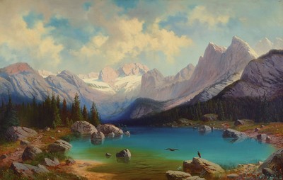 Heinrich von Reder, 1824 Mellrichstadt - 1909 München, Dichter und Landschaftsmaler, Studium an der Münchener Akademie, Alpenidyll mit Blick auf ...