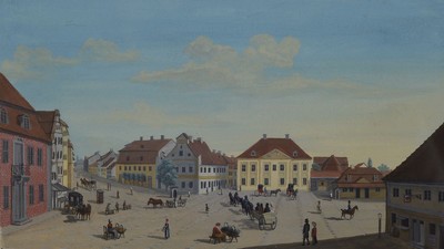Miniaturmalerei, wohl deutsch um 1900, Gouachemalerei, Ansicht eines Stadtplatzes mit regem Treiben um 1830, unsigniert, ca. 8.5 x 15 cm, unter Glas, ...