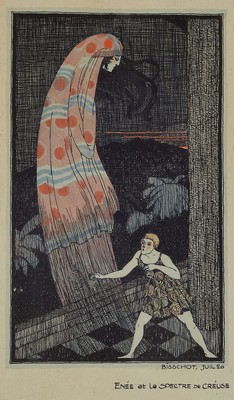 Bisschot, wohl französischer Künstler aus den 20er Jahre, feine Tuschezeichnung, bez. "Enée et le Spectre de Créuse", aquarelliert, ...