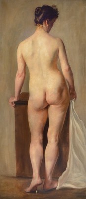 Unbekannter Künstler der Münchener Schule, um 1900, lebensgroßer stehender Rückenakt einer Frau, Öl/Lwd, leichte Altersschäden, ca. 160x70cm, ...