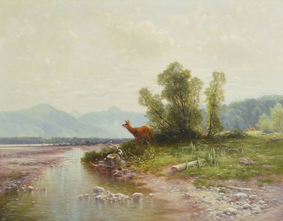 Ludwig Skell, 1842 Obergünzburg- -1905 München, Maler der Münchener Schule, hervorragend ausgebildet, hier: Voralpenlandschaft mit Bergen und ...