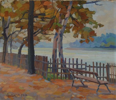 Heinrich Gutjahr, 1898 Mannheim-1973 Furtwangen, Parkbank am Chiemsee, Öl/Lwd, links unten signiert und datiert 1918, ca. 47x51cm/60x64cm, Rahmen