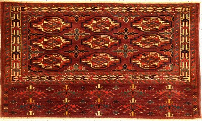 Yomud "Tschowal" antik, Turkmenistan, 19.Jhd., Wolle geknüpft auf Wolle. Zelttasche der Yomuden mit Erre Sekundär-Güls und seltener ...
