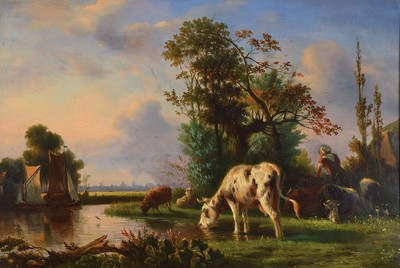 J. van Mastenbroek, niederländischer Maler, 2. Hälfte 19. Jh., Tiere am Fluss, im Hintergrund entfernte Stadtsilhouette, Öl/Lwd., li. unten ...