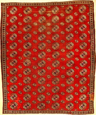 Feiner Salor "Hauptteppich" antik (Mit Rubinroter Seide), Turkmenistan, 18.Jhd., sehr feine Wolle mit rubinroten Seiden-Parts in den Güls ...