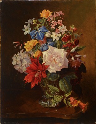 Umkreis Leopold Zinnögger (1811-1872), 2. Hälfte 19.Jh., Blumenstillleben, qualitätvolle Beobachtung des Lichts auf den versch. Oberflächen, ...