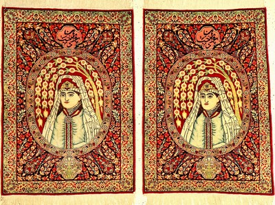 1 Paar feine Kerman-Ravar "Bildteppiche" antik (Purandokht, Tochter des persischen Königs Chosrau II.), Südpersien, Ende 19.Jhd., ...