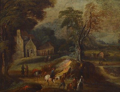 Niederländischer Künstler d. 17./18.Jh., Landschaft mit reicher Personenstaffage, wohl um 1680/1700, Öl/Lwd, rest., partiell übermalt, doubliert, ...