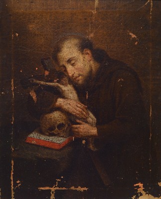 Künstler des 17. Jh., Heiliger Franziskus mit Kruzifix, lasierende Malerei, sehr gute Stofflichkeit, Farbverlust und krakeliert, altersbedingt ...