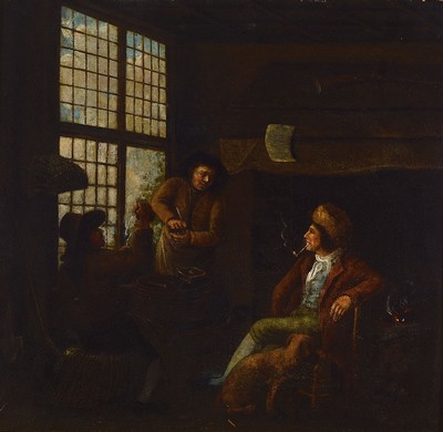 Niederländischer Künstler, 18. Jh., In der Wirtsstube, Öl/Lwd/Platte, ca. 45 x 46 cm, Rahmen
