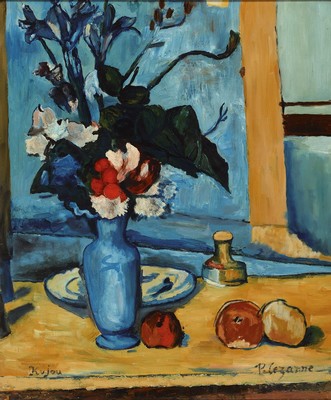 Kujau nach Paul Cezanne, Stillleben mit Blumen und Obst, Öl/Lwd, signiert, ca. 58 x 50 cm