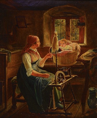 Deutscher Künstler, um 1830/70, junge Mutter am Spinnrad, erzählende Schilderung, das Kleinkind sitzt im Waschbottich und sieht der Mutter bei der ...