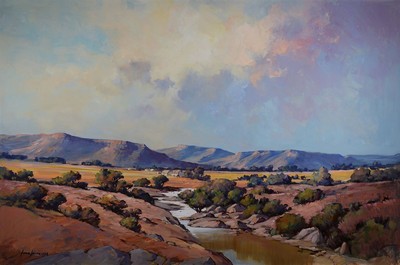 John Smith, geb. 1944, Südafrikanischer Künstler, Tal in Südafrika, Öl/Platte, ca. 90 x 135 cm, Rahmen