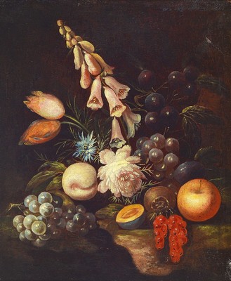 Niederländischer Künstler, um 1680-1720, in der Nachfolge von Gerhard Hoet, Stillleben mit Fingerhut, Tulpe, Distel u.a. und Obst, Anspielung auf ...