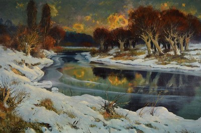 Johannes Gebhardt, 1898 - 1970 Lampertheim, Winterlandschaft bei Lampertheim, Altrhein bei Lampertheim, "Tauwetter", verso bezeichnetund ...