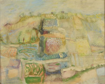 Eduard Bagheer, Hamburg 1901 - 1967, Aquarell, Landschaft mit Feldern, Drauf- und Vordersicht gleichzeitig dargestellt, differenzierte Auffassung der ...