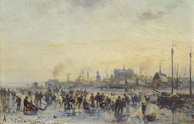 Adolf Stademann, 1824 München - 1895, "Eisvergnügen vor Stadtsilhouette", Öl/ Mahagoniplatte, li. unten signiert, reine ...