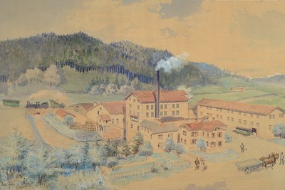 Karl Fuchs, 1872 Stuttgart - 1968 Esslingen, Aquarell, frühe Industrieanlage, Gleisanschluss, Lok und Pferdefuhrwerke, detailreiche Schilderung der ...