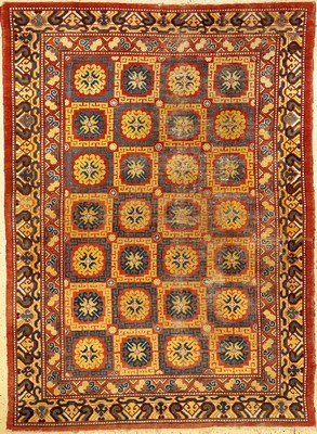 Khotan antik, Ostturkestan, 2.Hälfte 19.Jhd., Wolle geknüpft auf Baumwolle. 28 Kassetten-Güls belegen den Fond, kombiniert mit einer ...