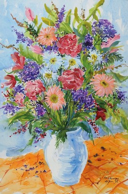 Heiner Deege, 1920 Hassloch -2007, Blumenstillleben mit Vase, Aquarell, rechts unten signiert und datiert 24. Jan. 98, rückseitig Widmung, unter ...