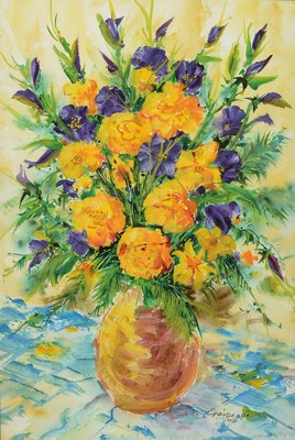 Heiner Deege, 1920 Hassloch -2007, Blumenstillleben mit Vase, Aquarell, rechts unten signiert und datiert 1998, rückseitig Widmung, unter Glas ...