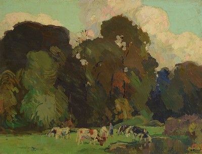Henry Roidot 1877 - 1960, Kühe vor Waldlandschaft, Öl/Malkarton, li. unten signiert, ca. 44 x 59 cm, l. Altersschäden, sehr aufwendiger ...