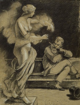 Monogrammist RH, wohl Münchener Schule um 1900, Venus von Milo mit kritischem Künstler in der Auseinandersetzung mit dem Schönen, Kohlezeichnung, ...
