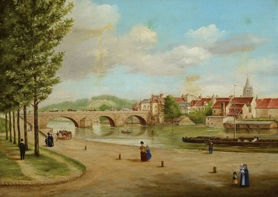 Französischer Künstler, C. Peres, datiert 1889, wohl Loire Stadtansicht, Hafen mit Promenade, Brücken und Flussgeschehen und Personenstaffage ...