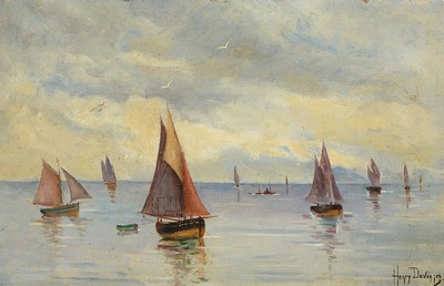 Unbekannter belgischer Künstler, um 1900, Segelschiffe auf ruhiger See, Wasserfläche im französischen Stil, Himmel, Segel und Wasser einheitlich ...