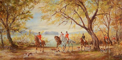 H. Krederzki, wohl polnischer Künstler, um 1950-60, Parforcejagd vor Seenlandschaft mit reichem Baumbestand, lebendige Darstellung der Pferde und ...