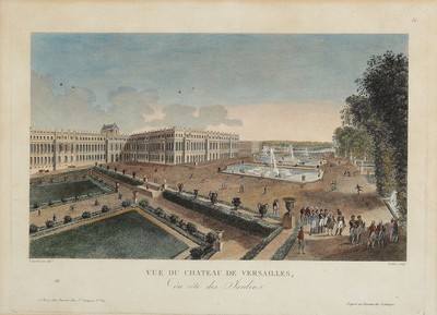 5 Blatt kolorierte Radierungen/ Guckkastenbilder, Paris, um 1800, 1x Vue de Chateau de Versailles, ca. 36x49cm/50x62cm; 1x les petits Messieurs, ca. ...