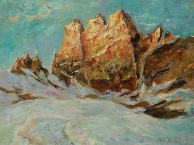 A.C. Köhler, Künstler des 19./20.Jh., Hochalpine Landschaft, Bergformation ähnlich den Drei Zinnen in den Dolomiten, impressionistische Wiedergabe ...