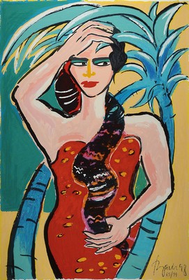 Elvira Bach, geb. 1951, Frau mit Schlange, Serigraphie, handsign., num. 65/99, dat. 98, unter Glas gerahmt, Motiv ca. 118x78, gesamt ca. 131x93 cm