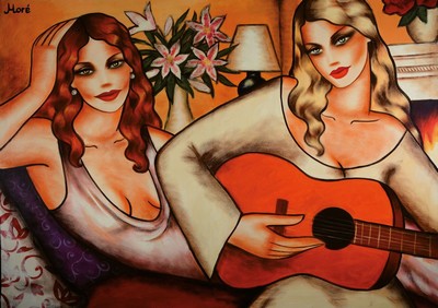 Ekaterine More, geb. 1976 Sankt Petersburg, Gitarrenspielerinnen, Acryl/Lwd, 2006, li. oben signiert, ca. 100 x 140 cm