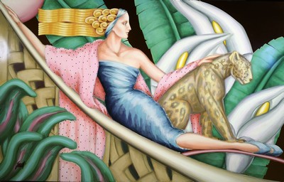 Bernartz, zeitgenössischer Künstler, inspiriert von der Art Deco Epoche, Frau mit Leopard, Acryl/Platte, re. u. signiert, ca. 107 x 167 cm, min. ...