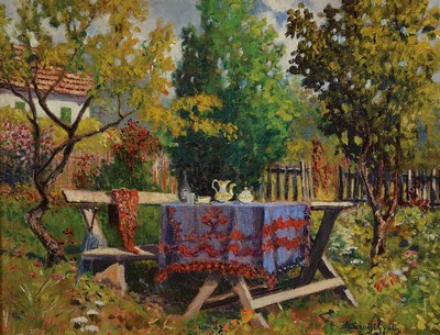 Ungarischer Maler, unleserlich signiert, um 1900/20, Gartenansicht mit Sitzgruppe, Öl/Malkarton, ca. 50 x 58 cm, Prunkrahmen l. besch.