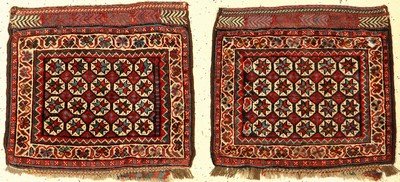 1 Paar Khamseh "Taschenfronten" antik, Südwestpersien Fars-Region, 19.Jhd., Wolle geknüpft auf Wolle. Zwei Khamseh Taschenfronten im ...