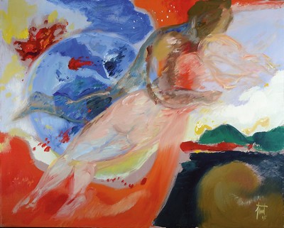 Georg Günter Zeuner, 1923 Dresden - 2011 Speyer, "Das Liebespaar", eng umschlungenes Paar vor dem blauen Erdball schwebend, Acryl/ Lwd, ...